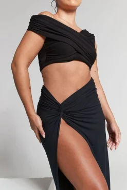 Lexi Black Ruched Knot Midi Skirt by InFlair