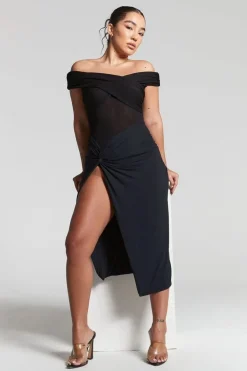 Lexi Black Ruched Knot Midi Skirt by InFlair