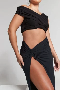 Lexi Black Ruched Knot Midi Skirt by InFlair