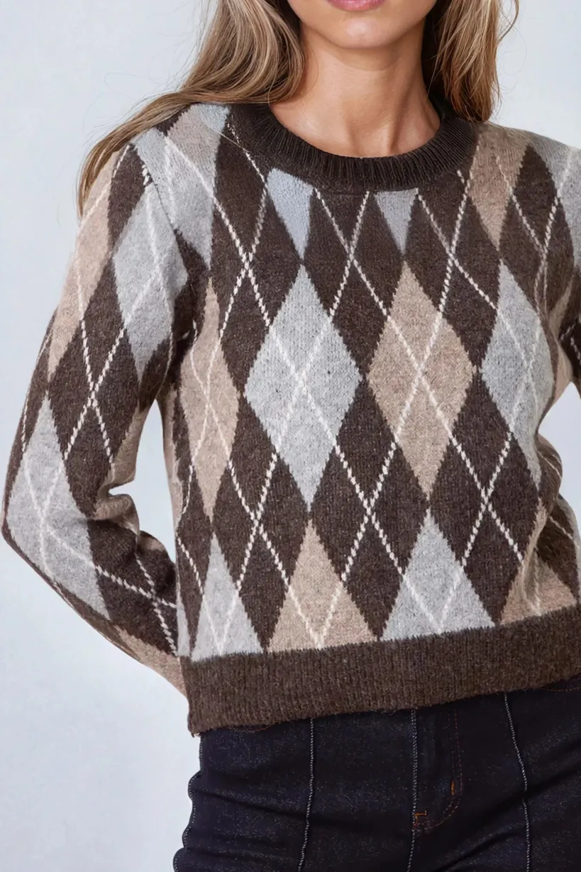 Light Brown Grey Wool Blend Jacquard Jumper by Aftershock London