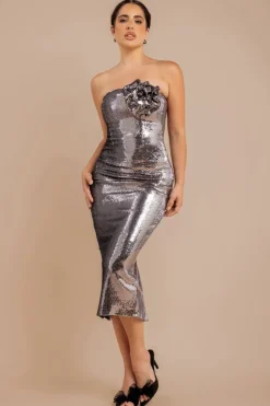 Liquid Sequin Boobtube Midaxi With Corsage - Silver by Goddiva