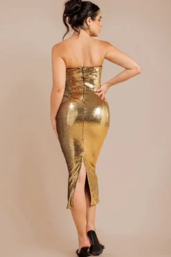 Liquid Sequin Boobtube Midaxi With Corsage - Gold by Goddiva