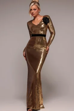 Liquid Sequin Corsage Maxi Dress - Gold by Goddiva