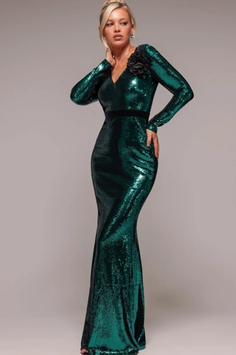 Liquid Sequin Corsage Maxi - Emerald Green by Goddiva