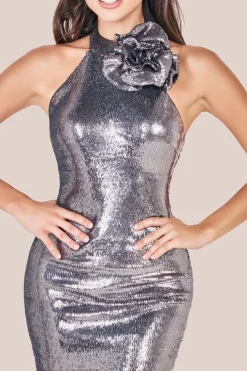 Liquid Sequin Halterneck Mini With Corsage - Silver by Goddiva
