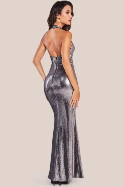 Liquid Sequin Halterneck Maxi With Corsage - Silver by Goddiva