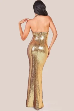 Liquid Sequin Halterneck Maxi With Corsage - Gold by Goddiva