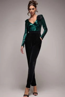 Liquid Sequin Jumpsuit With Corsage - Emerald Green by Goddiva