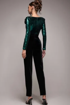 Liquid Sequin Jumpsuit With Corsage - Emerald Green by Goddiva