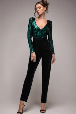 Liquid Sequin Jumpsuit With Corsage - Emerald Green by Goddiva