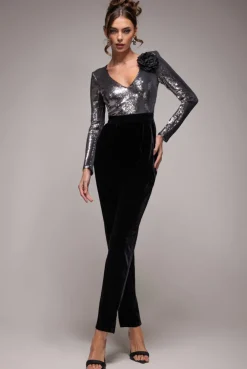 Liquid Sequin Jumpsuit With Corsage - Silver by Goddiva