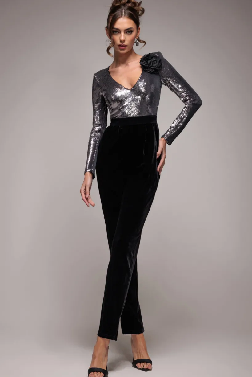 Liquid Sequin Jumpsuit With Corsage - Silver by Goddiva