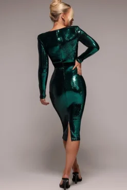Liquid Sequin Midi With Corsage - Emerald Green by Goddiva