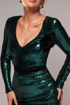 Liquid Sequin Midi With Corsage - Emerald Green by Goddiva