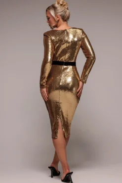 Liquid Sequin Midi With Corsage - Gold by Goddiva