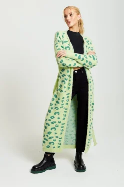 Liquorish Fluffy Longline Cardigan In Green Animal Print by Liquorish