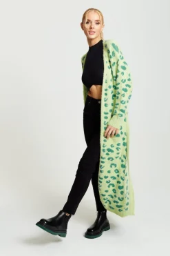 Liquorish Fluffy Longline Cardigan In Green Animal Print by Liquorish