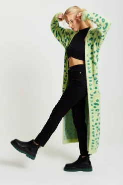 Liquorish Fluffy Longline Cardigan In Green Animal Print by Liquorish