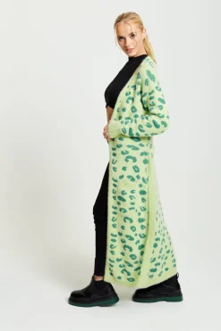 Liquorish Fluffy Longline Cardigan In Green Animal Print by Liquorish