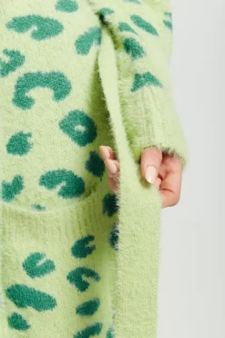 Liquorish Fluffy Longline Cardigan In Green Animal Print by Liquorish