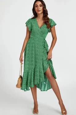 Little Floral Frill Sleeve Midi Wrap Dress In Green by FS Collection