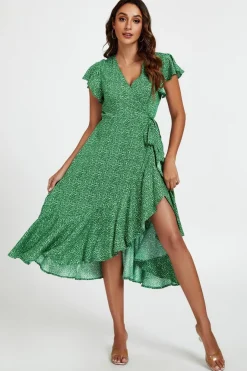 Little Floral Frill Sleeve Midi Wrap Dress In Green by FS Collection