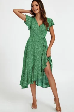 Little Floral Frill Sleeve Midi Wrap Dress In Green by FS Collection
