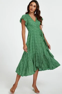 Little Floral Frill Sleeve Midi Wrap Dress In Green by FS Collection