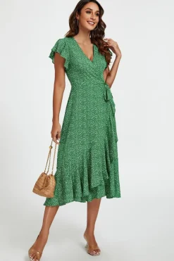 Little Floral Frill Sleeve Midi Wrap Dress In Green by FS Collection