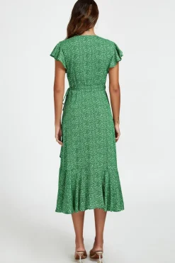 Little Floral Frill Sleeve Midi Wrap Dress In Green by FS Collection