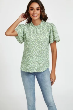 Little Floral Print Angle Sleeve High Neck Top Blouse In Green by FS Collection