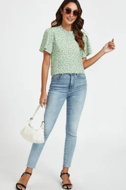 Little Floral Print Angle Sleeve High Neck Top Blouse In Green by FS Collection