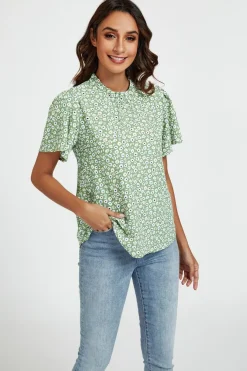 Little Floral Print Angle Sleeve High Neck Top Blouse In Green by FS Collection