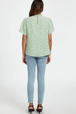 Little Floral Print Angle Sleeve High Neck Top Blouse In Green by FS Collection
