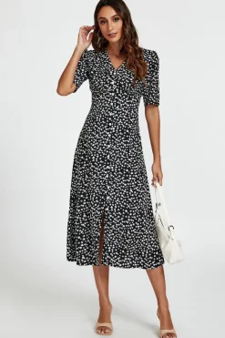 Little Floral Print Button Front Midi Dress In Black by FS Collection