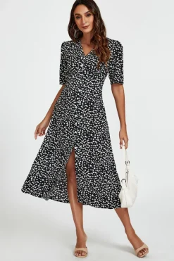 Little Floral Print Button Front Midi Dress In Black by FS Collection