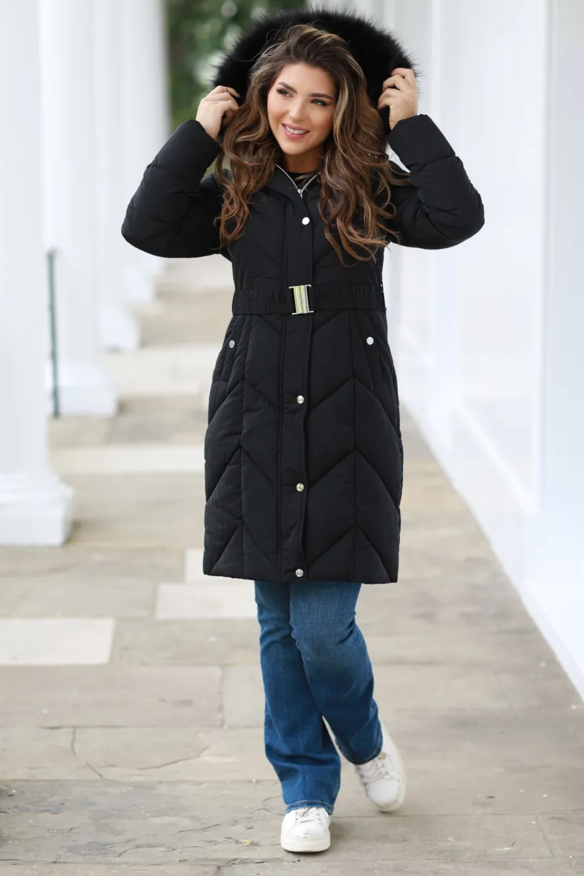 Long Padded Belted Puffer by Double Second