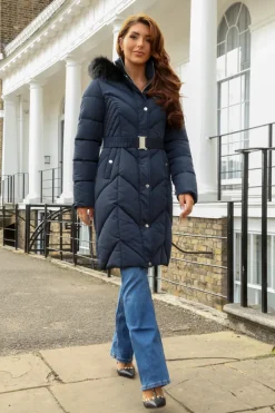 Long Padded Belted Puffer by Double Second