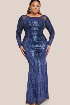 Long Sleeve Aztec Sequin Maxi Dress - Navy by Goddiva Plus
