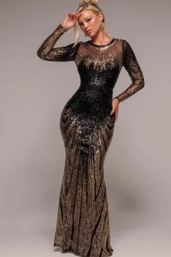Long Sleeve Aztec Sequin Maxi Dress - Gold by Goddiva