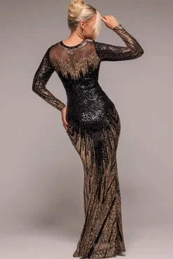 Long Sleeve Aztec Sequin Maxi Dress - Gold by Goddiva