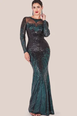 Long Sleeve Aztec Sequin Maxi Dress - Emerald Green by Goddiva