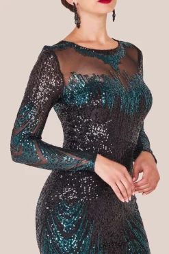 Long Sleeve Aztec Sequin Maxi Dress - Emerald Green by Goddiva