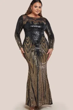 Long Sleeve Aztec Sequin Maxi Dress - Gold by Goddiva Plus