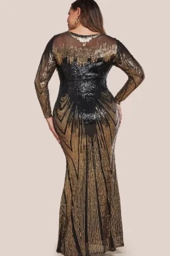 Long Sleeve Aztec Sequin Maxi Dress - Gold by Goddiva Plus