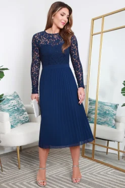 Long Sleeve Lace Pleated Dress by Double Second