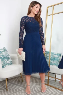 Long Sleeve Lace Pleated Dress by Double Second