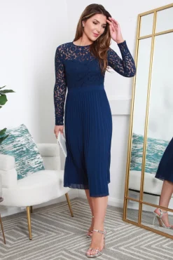 Long Sleeve Lace Pleated Dress by Double Second