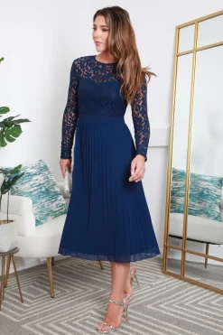 Long Sleeve Lace Pleated Dress by Double Second