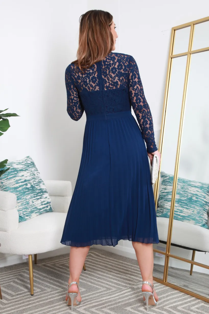 Long Sleeve Lace Pleated Dress by Double Second